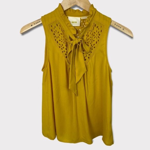 Anthropologie‎ Maeve Mustard Yellow Laser Cut Out Tie Neck Blouse Size 2 Petite - Picture 3 of 16